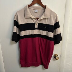 Haband Casual Joe Long Polo Shirt Mens M Dark Pink Black & Tan Stripes Vintage